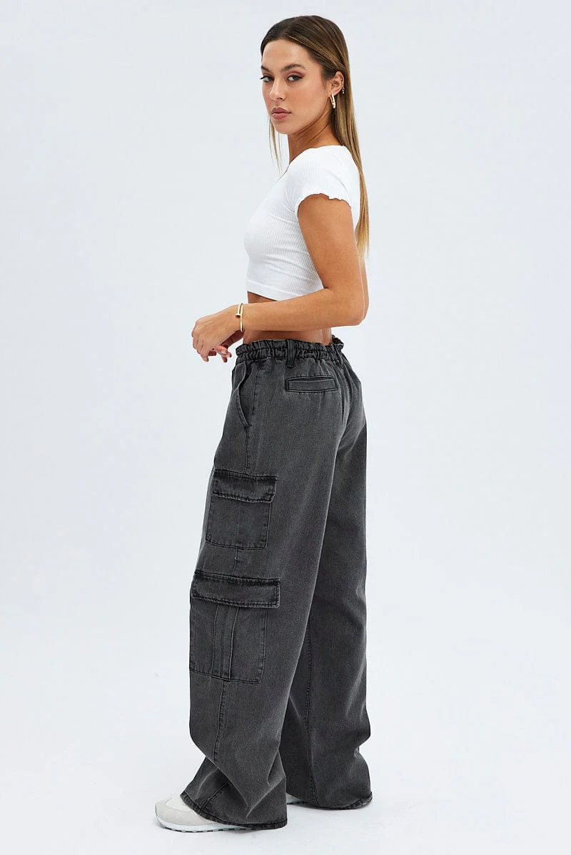 Grey Cargo Jeans Mid Rise Out Pocket - Image 4