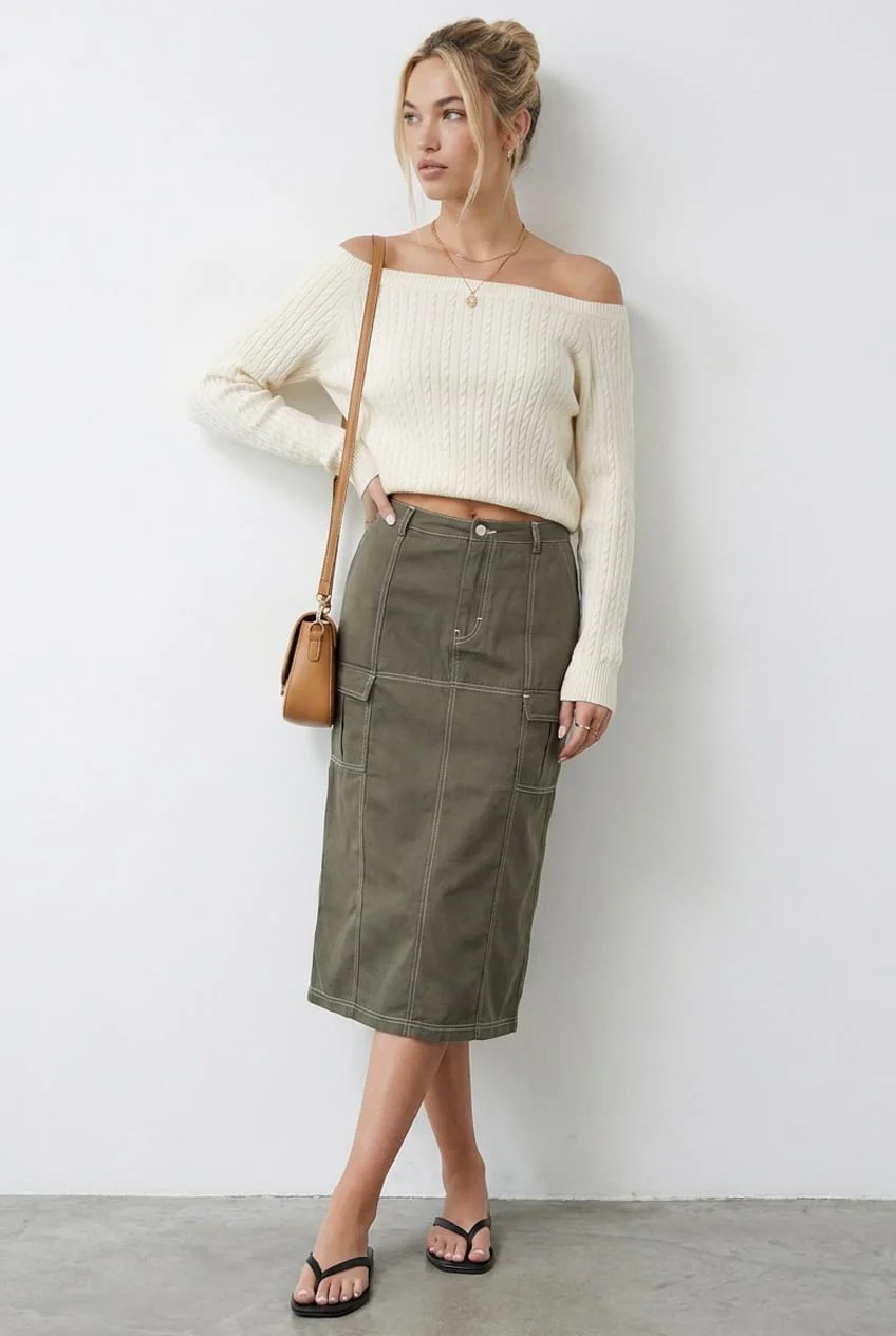 Grey Cargo Skirt Mid Rise Contrast Detail Utility