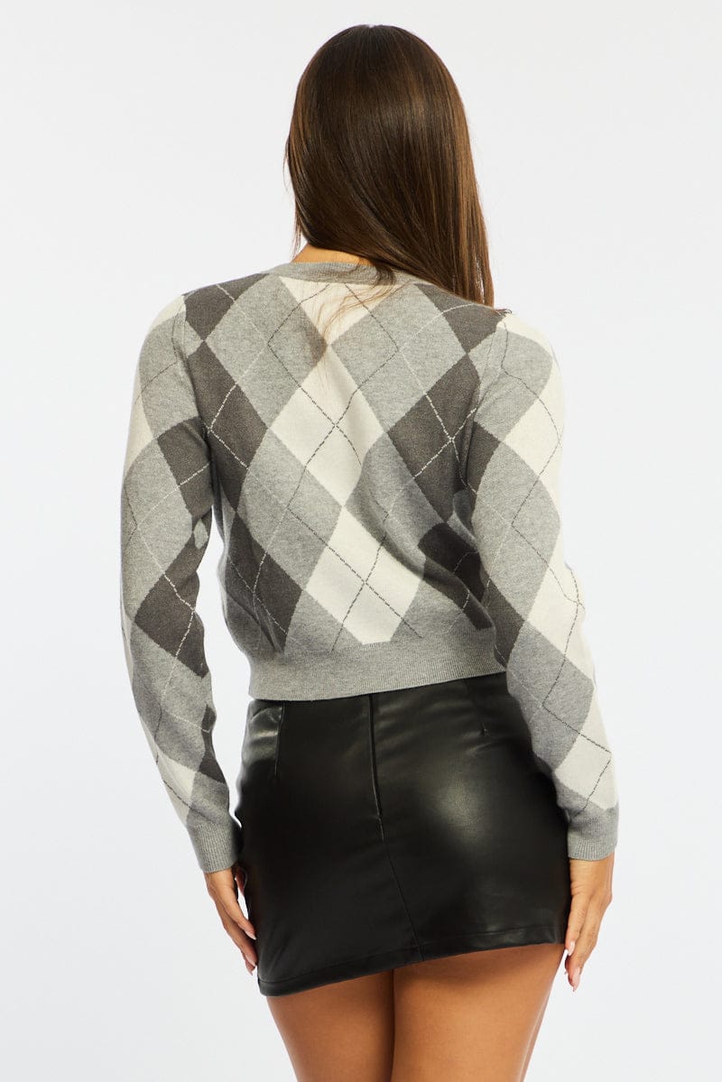 Grey Check Knit Top Long Sleeve V-neck Argyle - Image 5