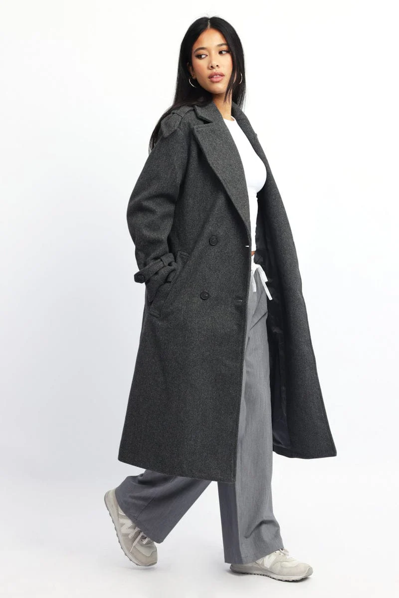 Grey Coat Long Sleeve Belted - Image 2