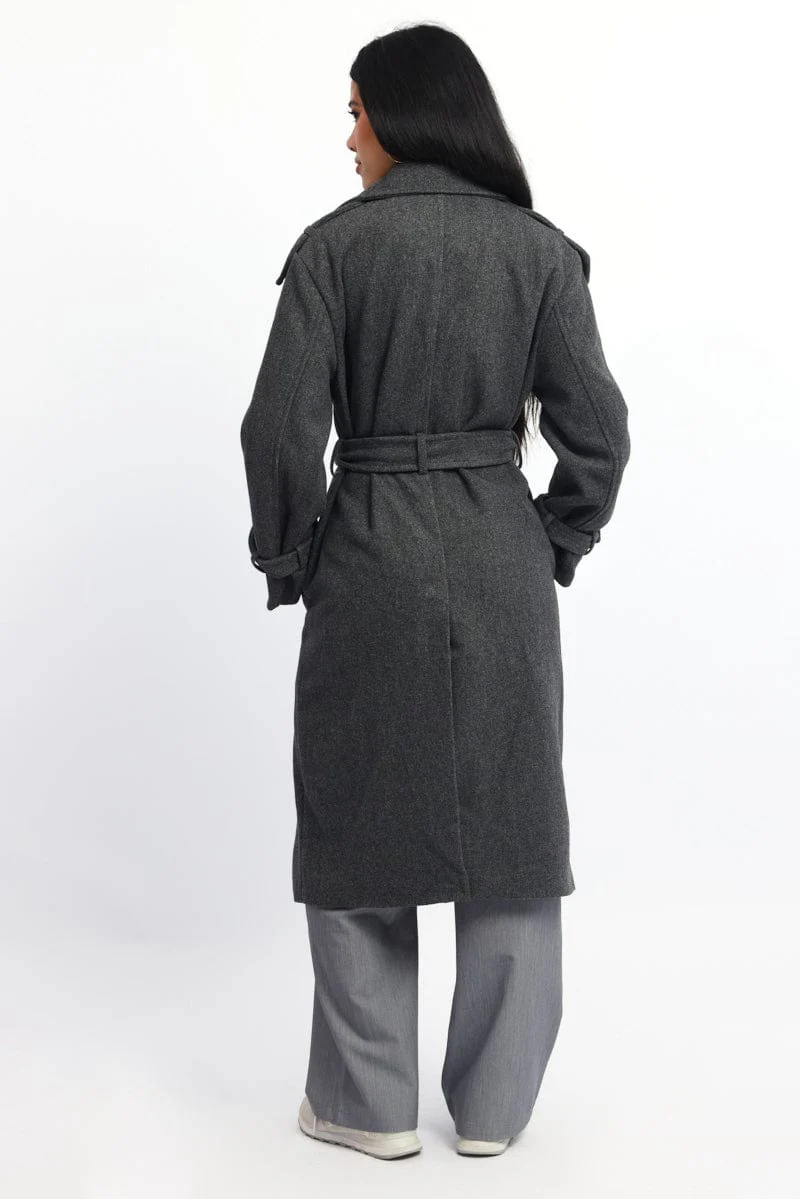 Grey Coat Long Sleeve Belted - Image 5