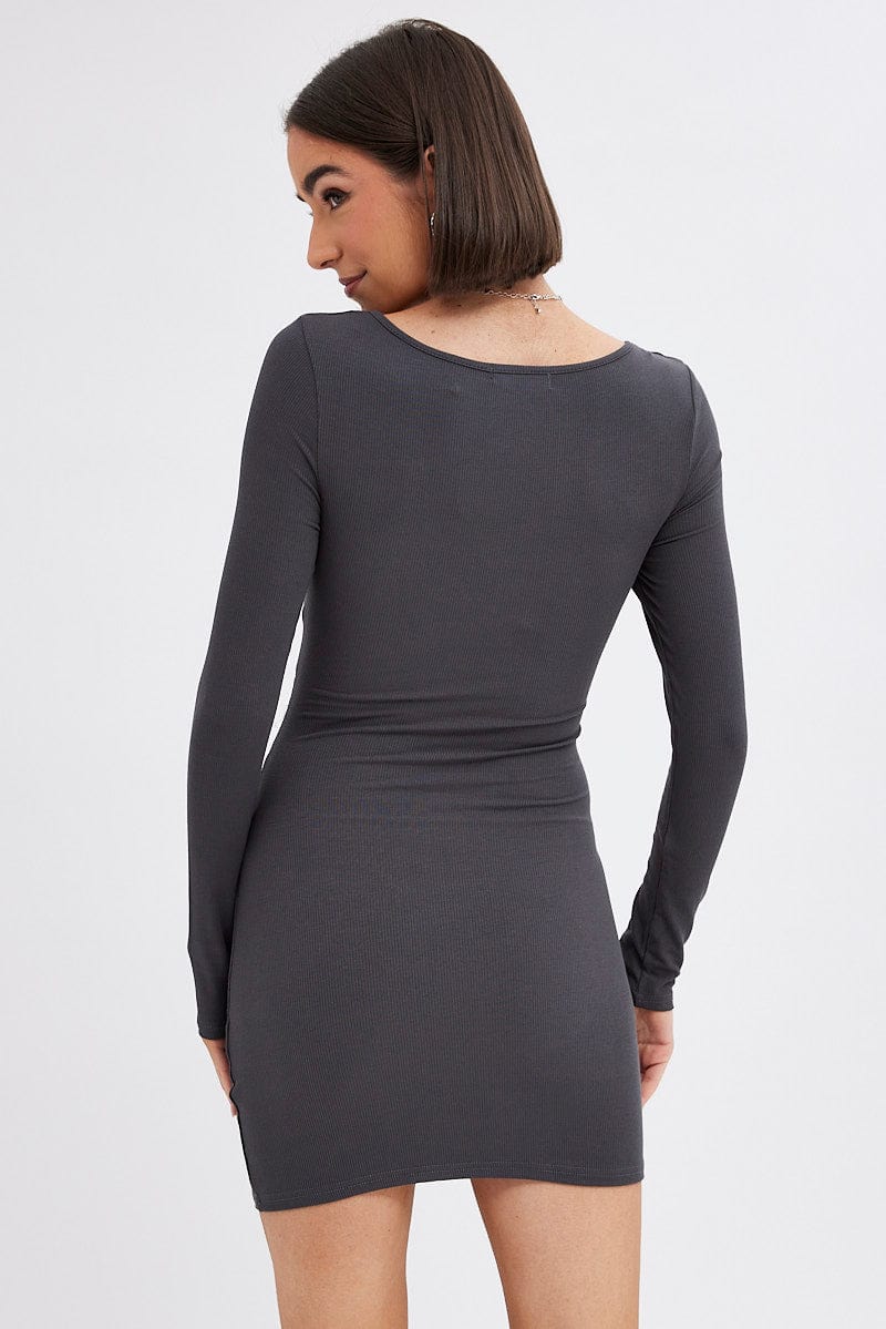 Grey Dress Long Sleeve Cut Out Details Bodycon Rib - Image 5