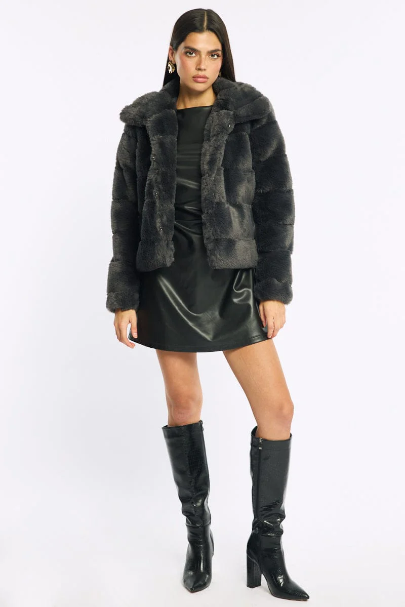 Grey Faux Fur Jacket With Lapel Collar - Image 2