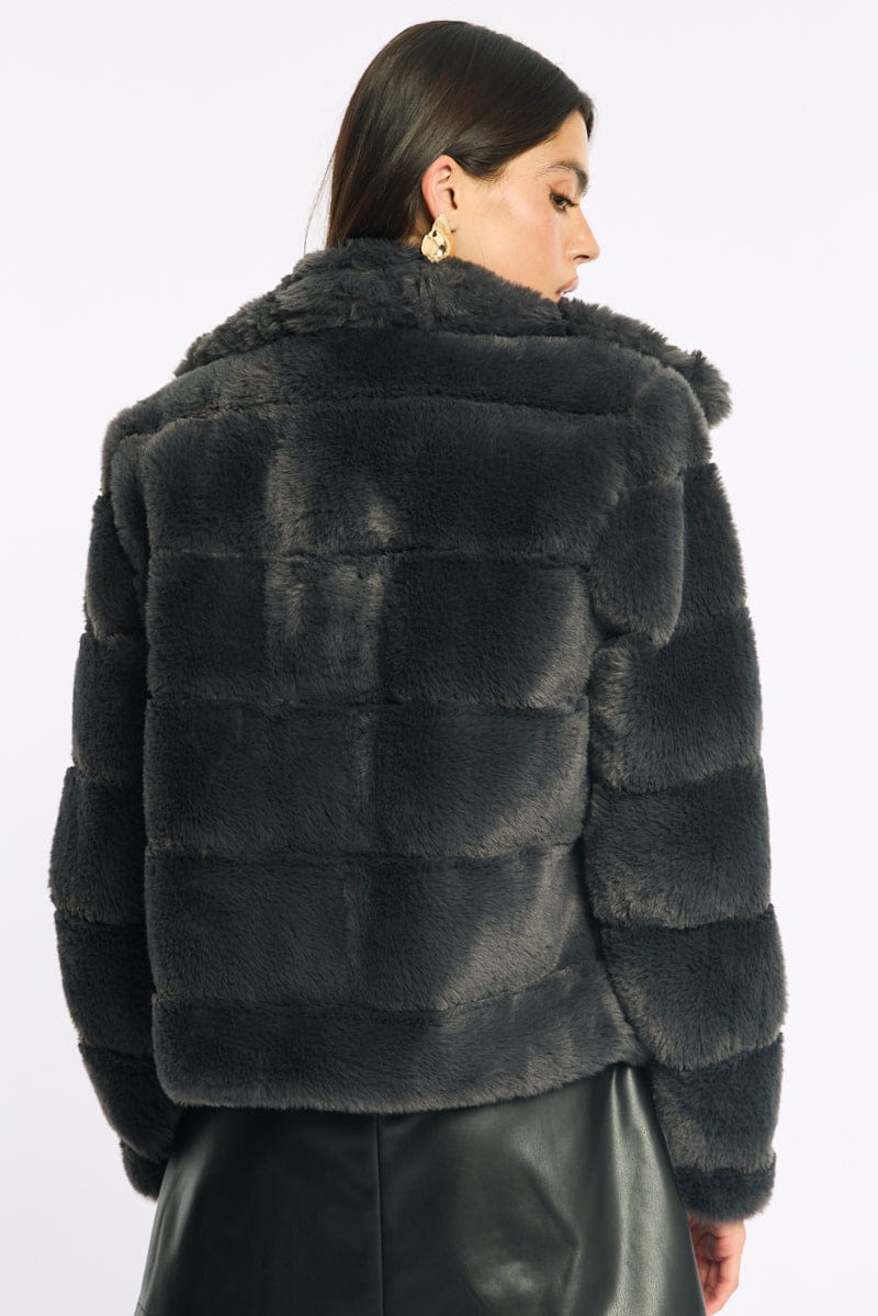 Grey Faux Fur Jacket With Lapel Collar - Image 4