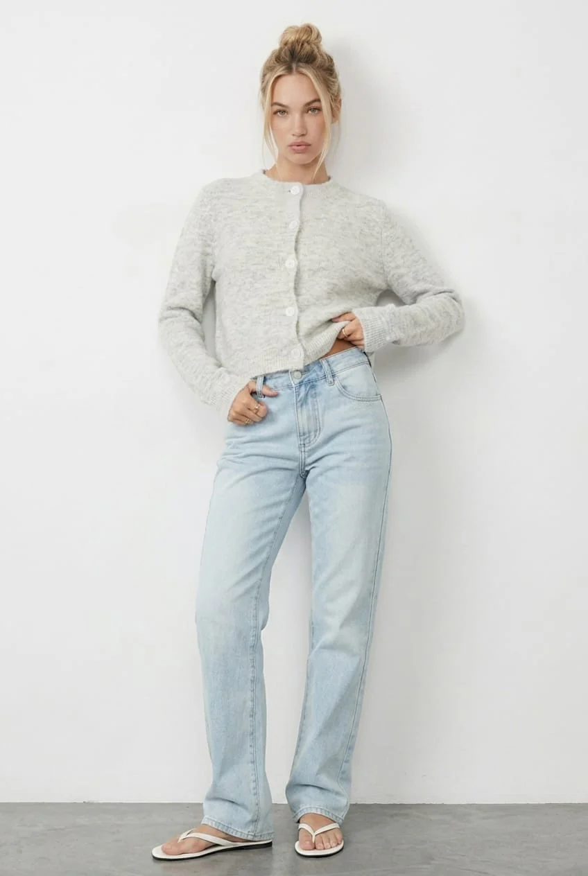 Grey Fitted Cardigan Long Sleeve Crew Neck