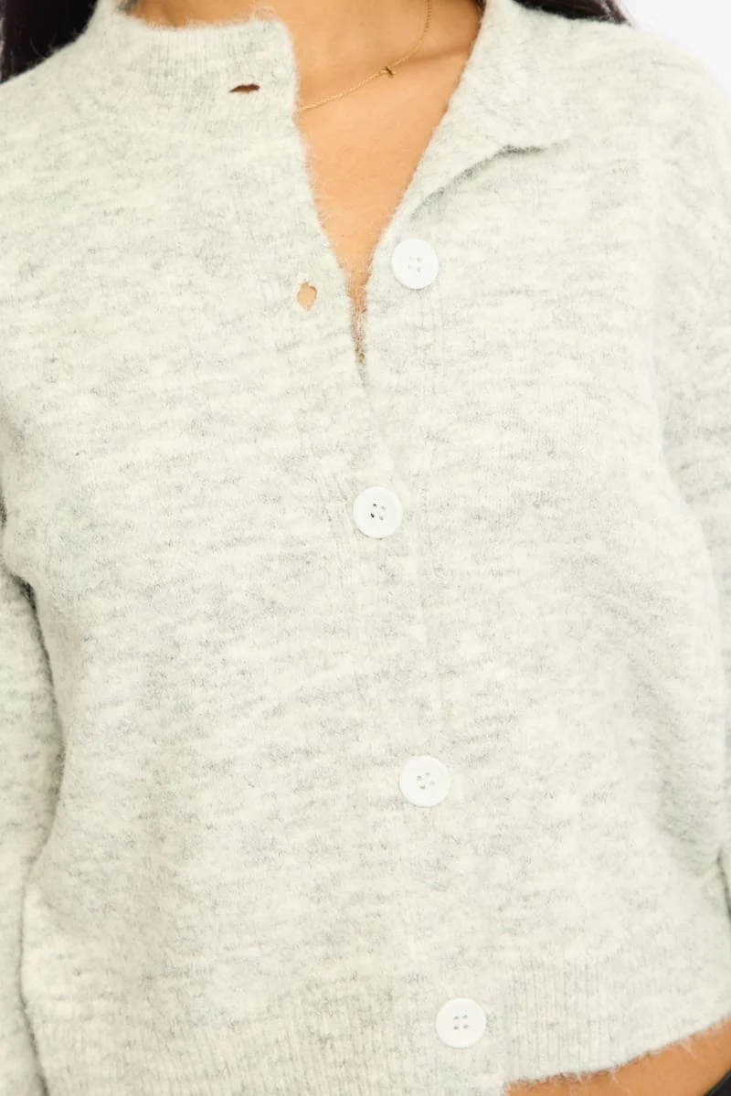 Grey Fitted Cardigan Long Sleeve Crew Neck - Image 6