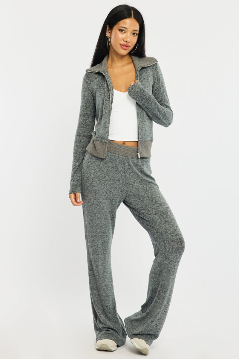 Grey Flare Leg Pants Mid Rise