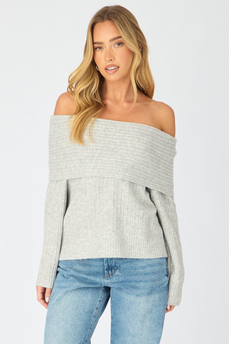 Grey Fold Down Bardot Knit Top Long Sleeve - Image 3