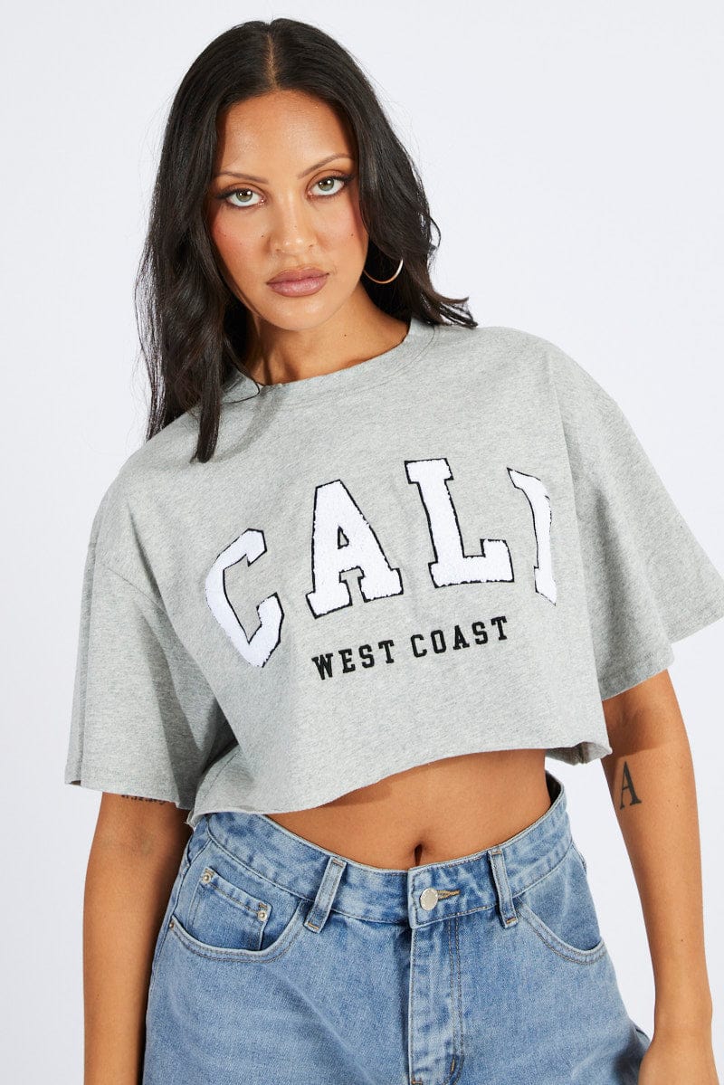 Grey Graphic Tee Crop T-shirt Borg Fluffy Slogan - Image 3