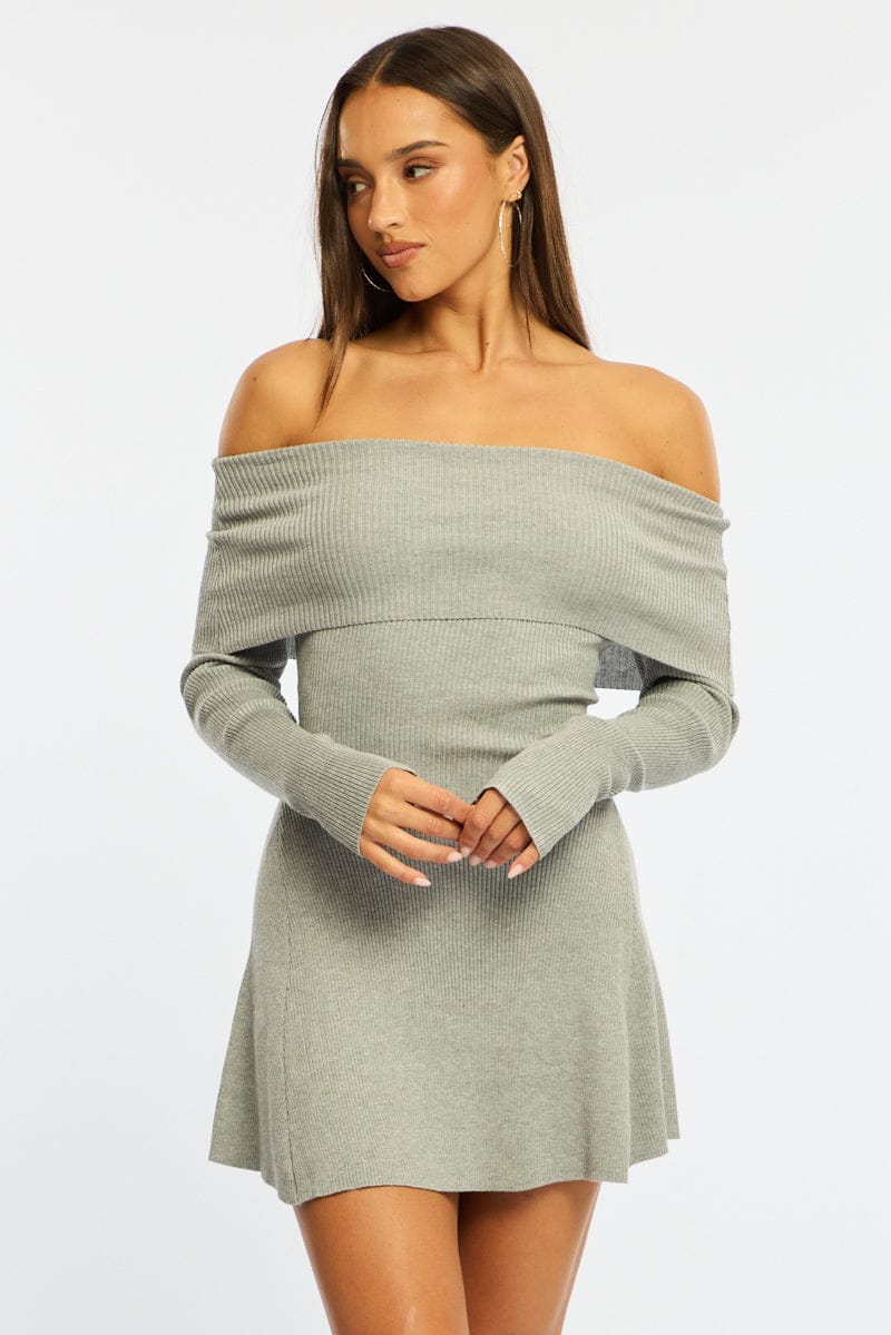 Grey Knit Dress Long Sleeve Off Shoulder - Image 3