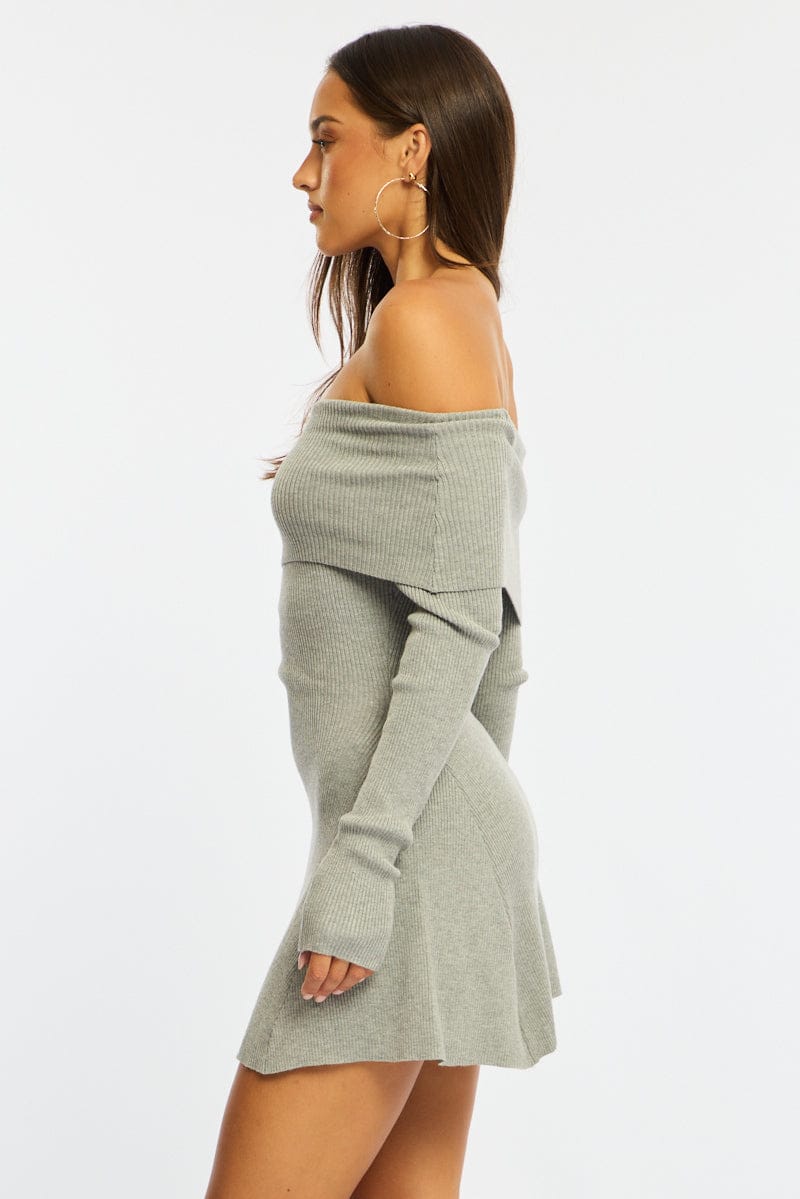 Grey Knit Dress Long Sleeve Off Shoulder - Image 4