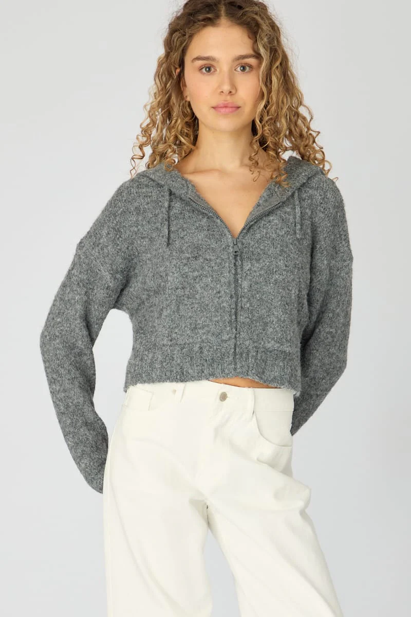 Grey Knit Hoodie With Zip - Image 4