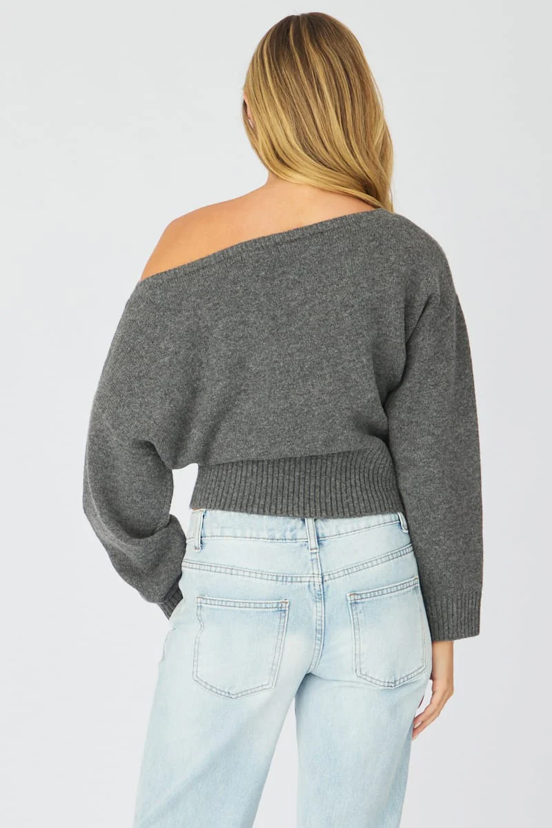Grey Knit Top Off Shoulder Long Sleeve - Image 5