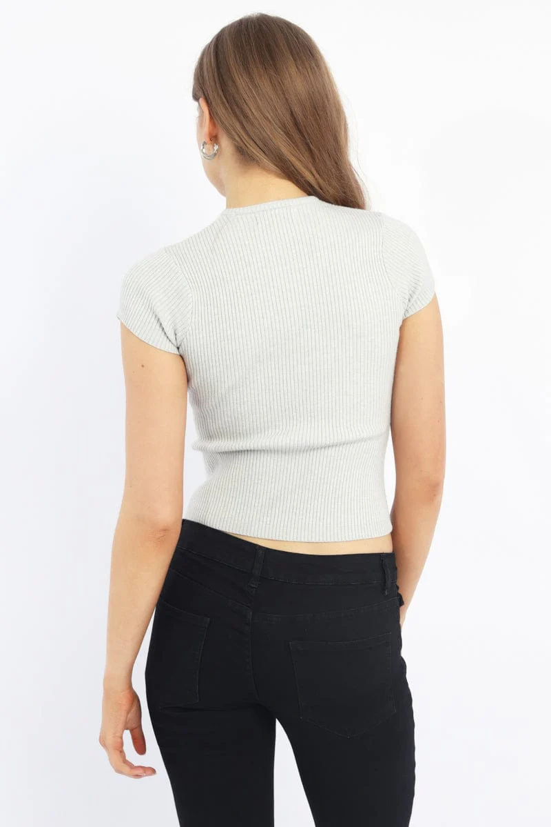 Grey Knit Top Short Sleeve Ribbed - Image 4