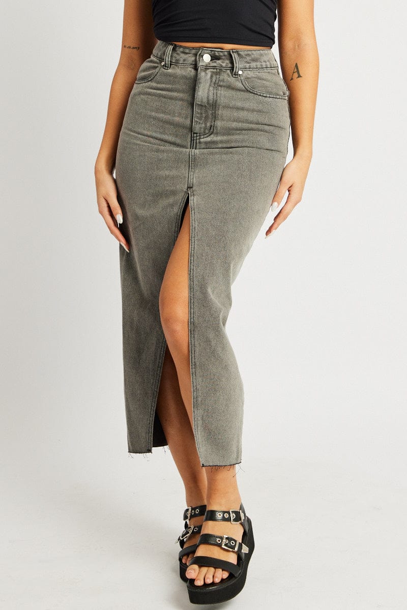 Grey Maxi Skirt High Rise Front Split - Image 3