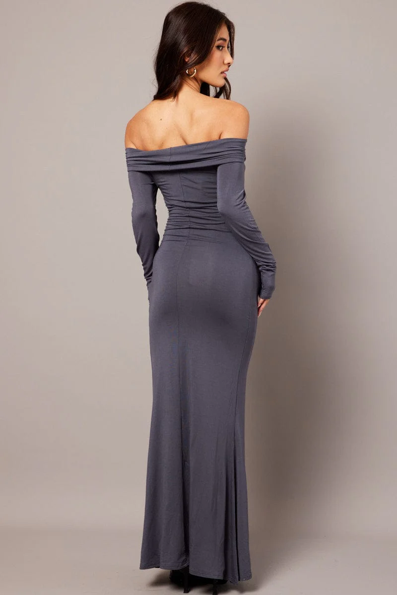 Grey Off Shoulder Dress Long Sleeve Maxi - Image 5