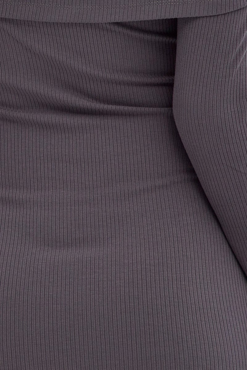 Grey Off Shoulder Dress Ribbed Long Sleeve Mini Bodycon - Image 7