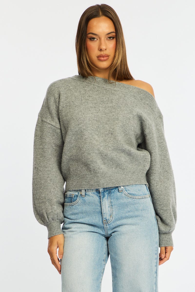 Grey Off Shoulder Sweater - Image 4