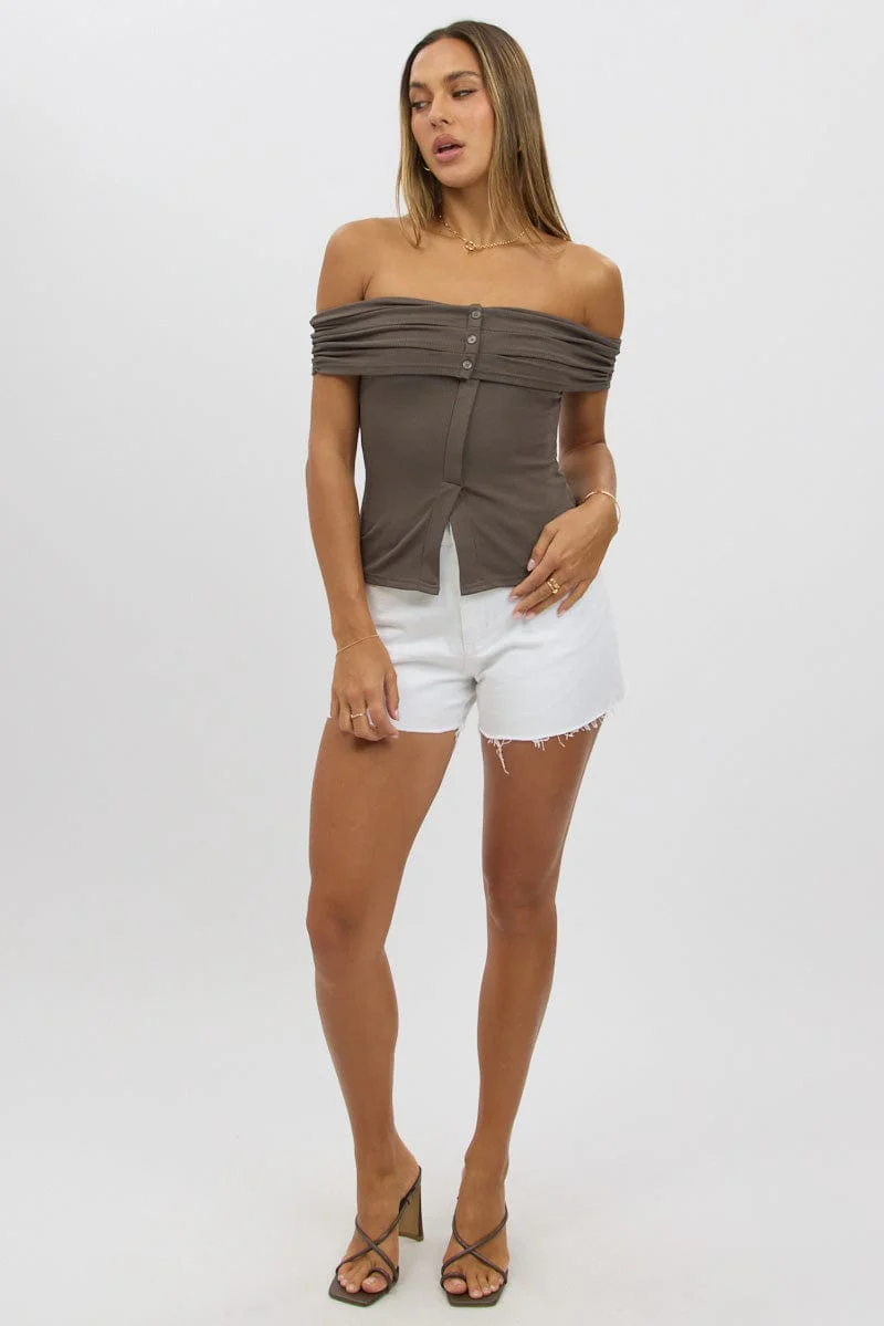 Grey Off Shoulder Top Rib - Image 2