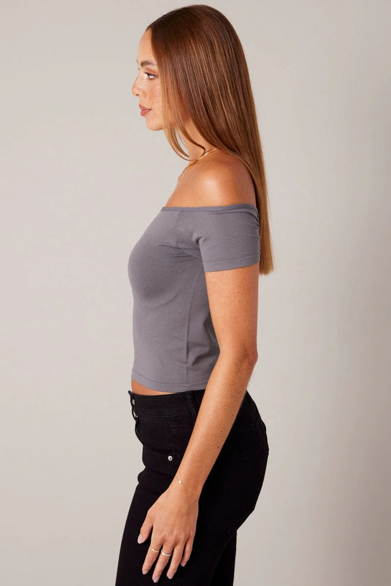 Grey Off Shoulder Top Short Sleeve Seamless - Image 4
