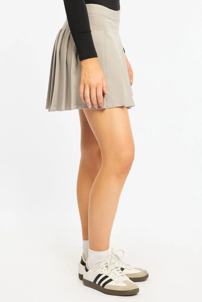 Grey Pleated Skirt Mid Rise Longline - Image 3