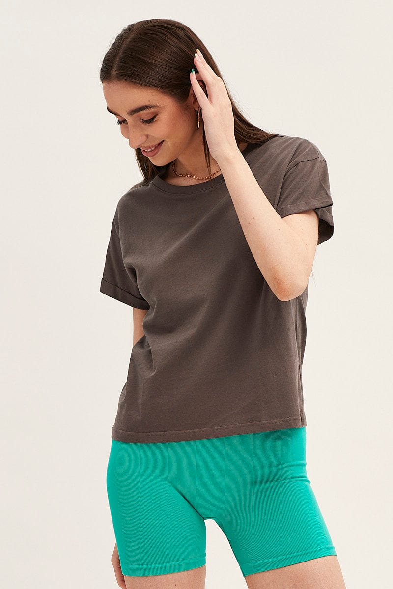 Grey Roll Sleeve Crew Neck Tee