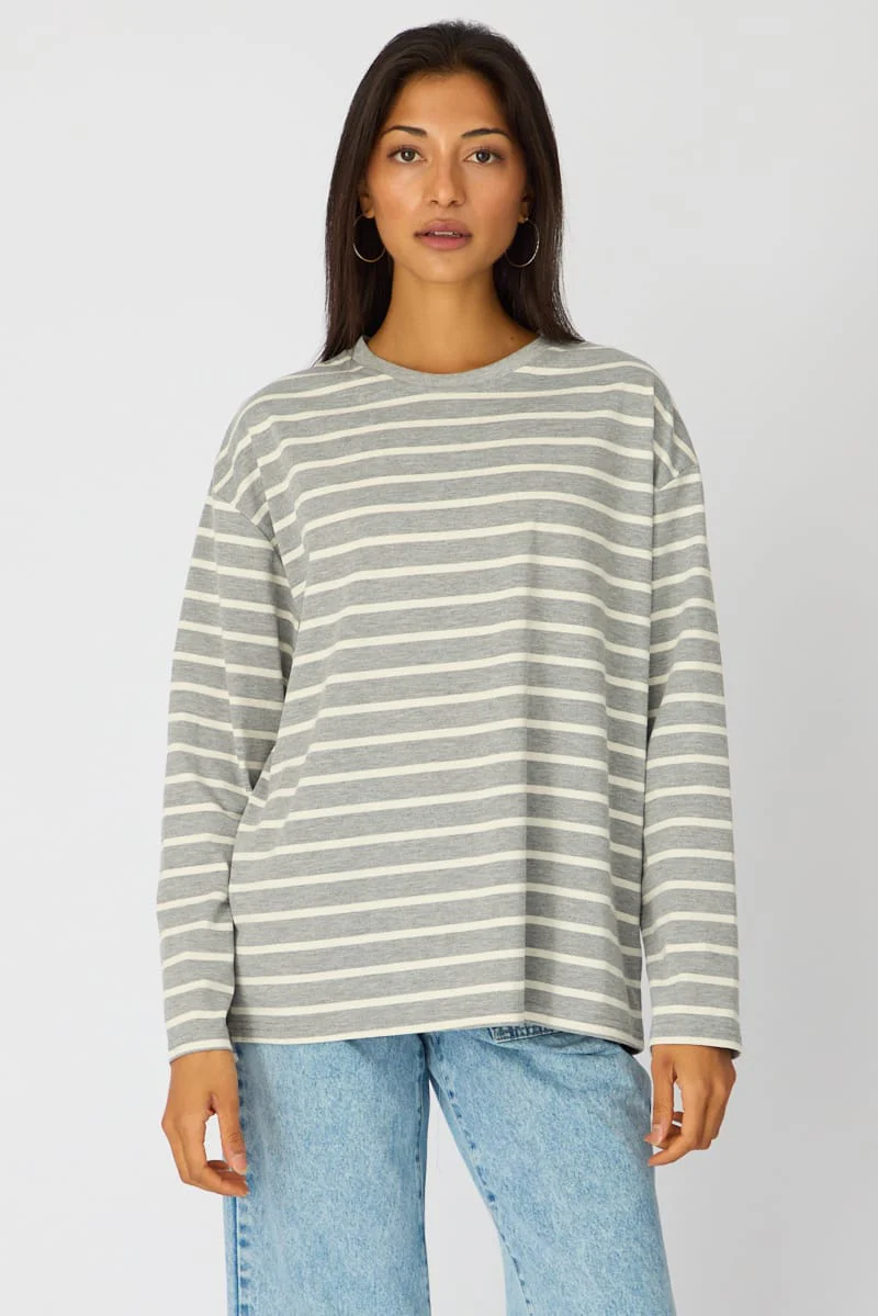 Grey Stripe Oversized Tee Long Sleeve - Image 3
