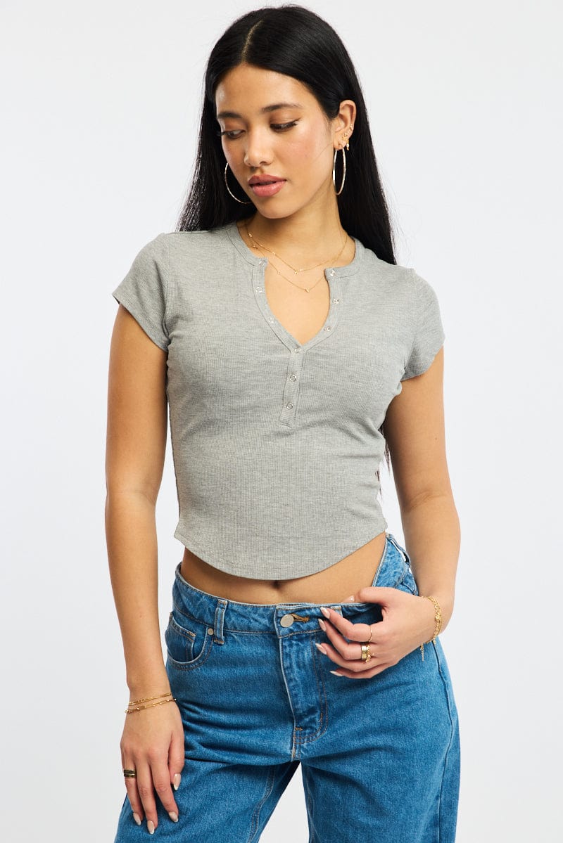 Grey T-shirt Short Sleeve Henley Neck Rib