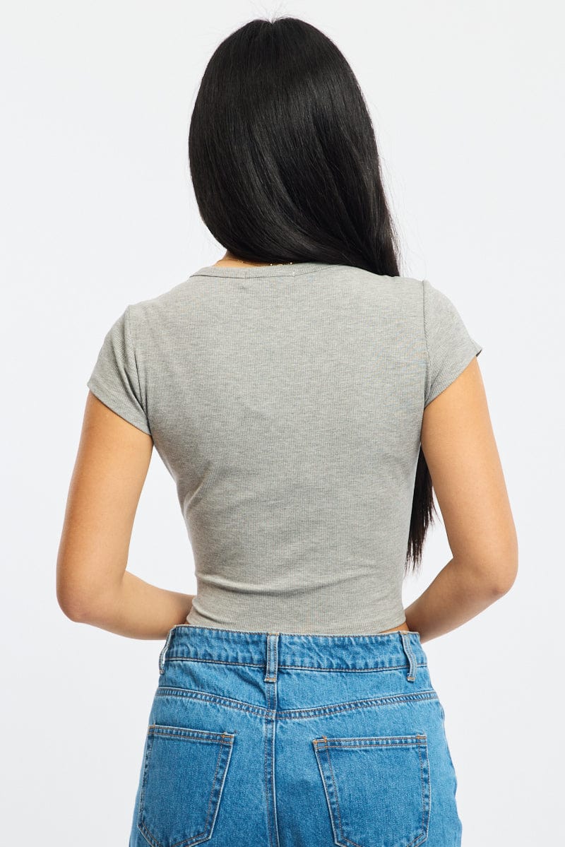Grey T-shirt Short Sleeve Henley Neck Rib - Image 4