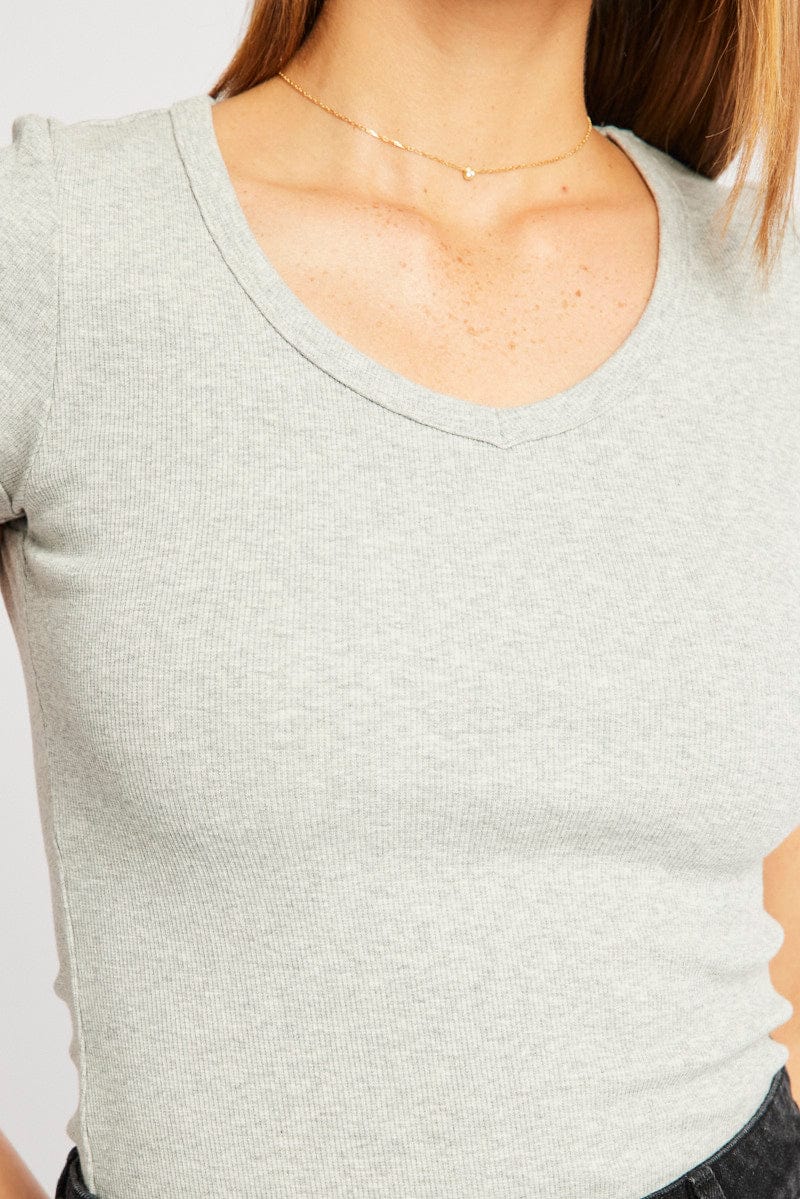 Grey T Shirt Short Sleeve V Neck - Image 6