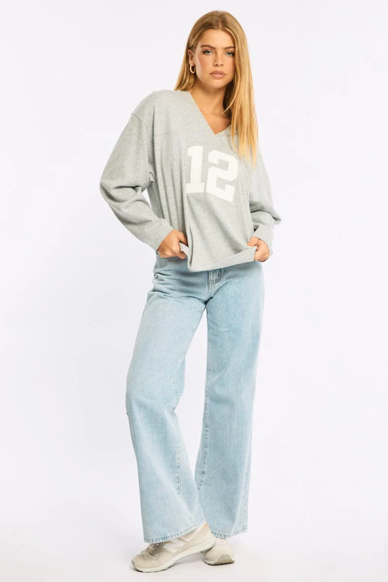 Grey V-neck Sweater Long Sleeve - Image 2