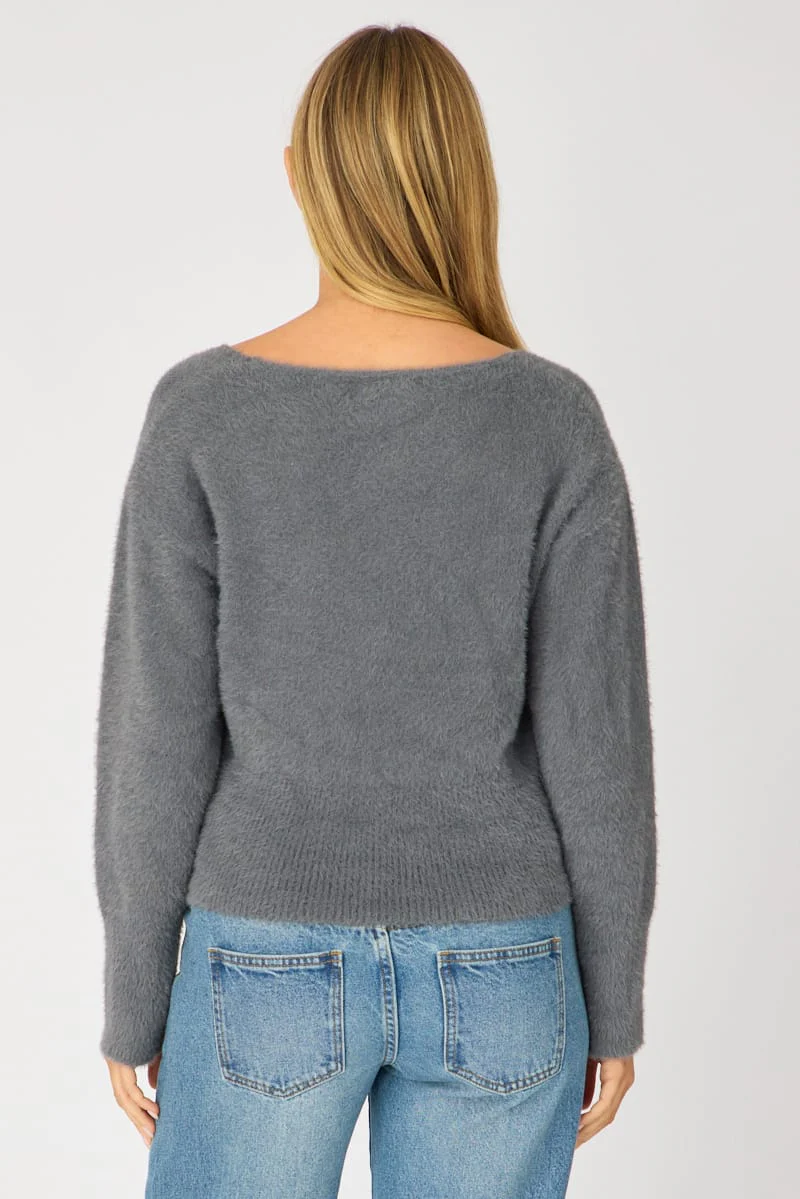 Grey V-neck Wrap Knit Long Sleeve - Image 5