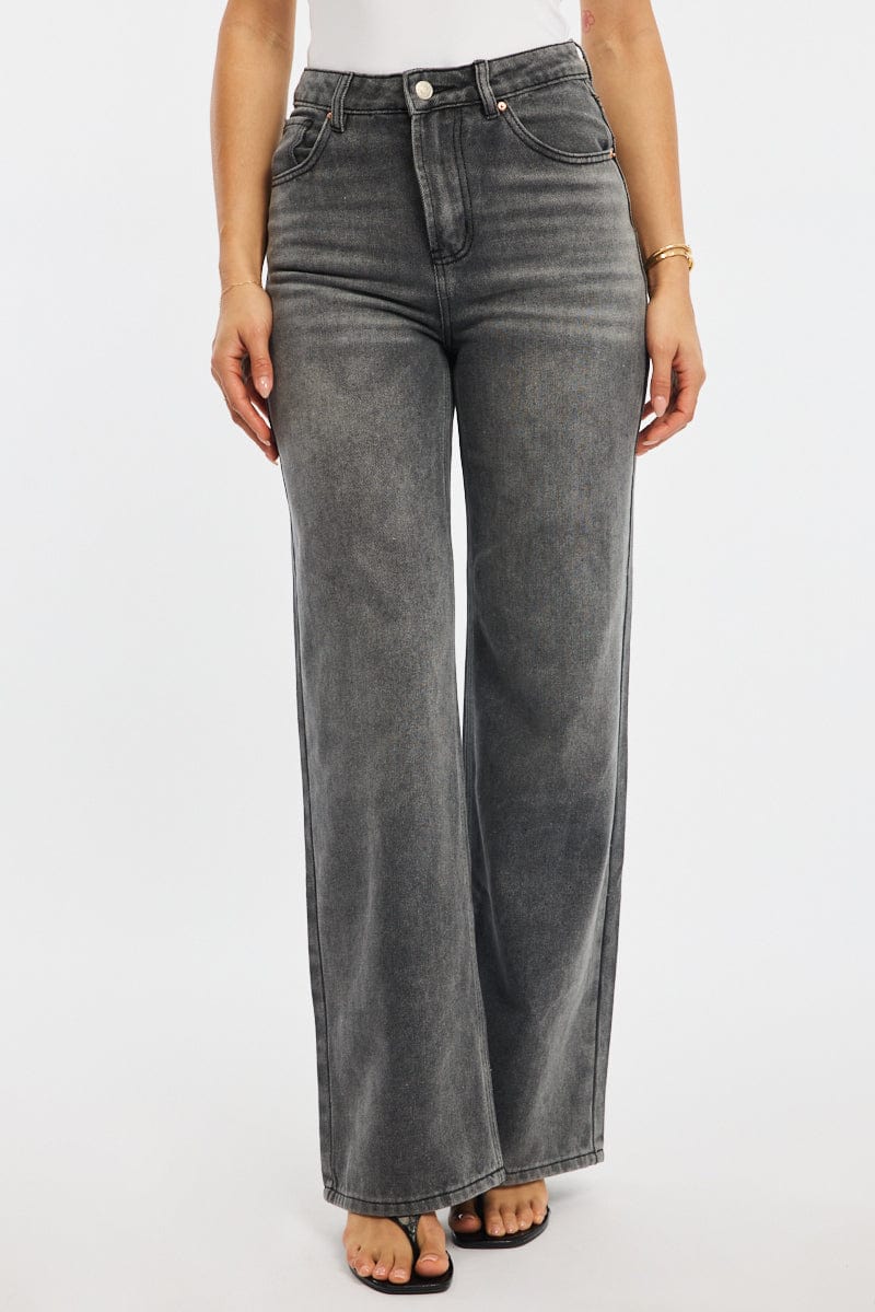 Grey Wide Leg Jeans High Rise - Image 2