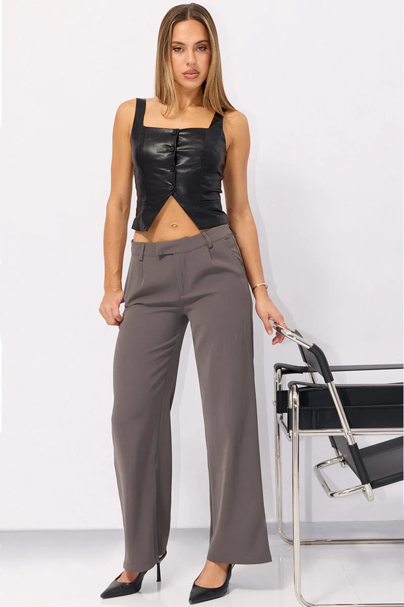 Grey Wide Leg Pants Mid Rise