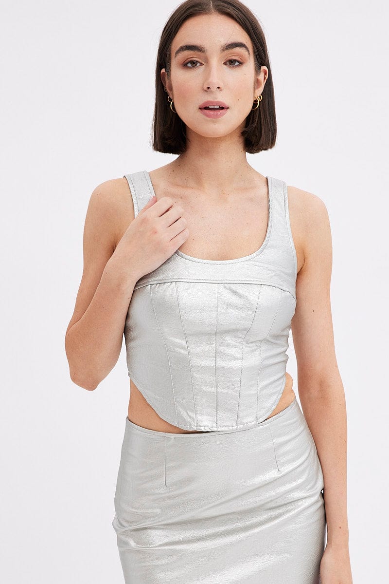 Metallic Corset Top Sleeveless Scoop Neck PU Silver - Image 3
