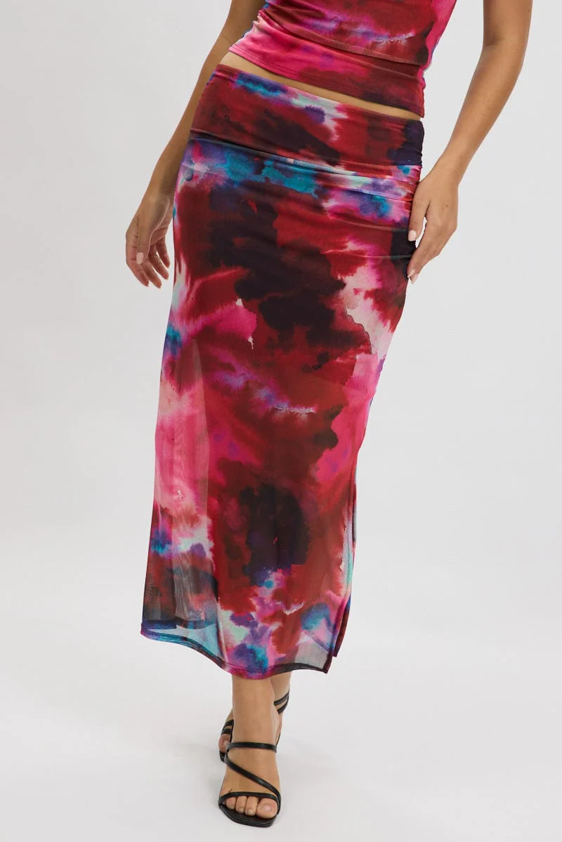 Multi Abstract Midaxi Skirt High Rise Ruched Lined Mesh - Image 2