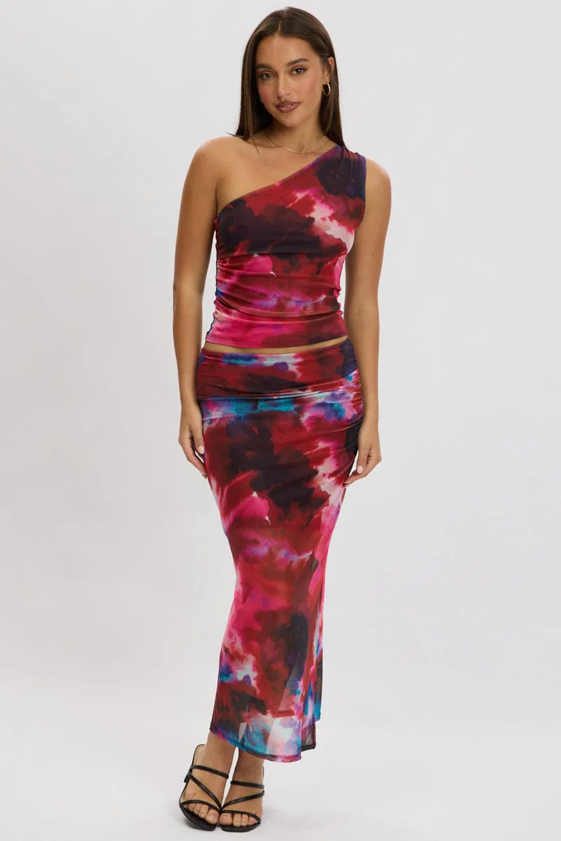 Multi Abstract Midaxi Skirt High Rise Ruched Lined Mesh - Image 3