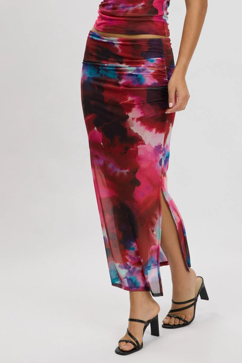 Multi Abstract Midaxi Skirt High Rise Ruched Lined Mesh - Image 4