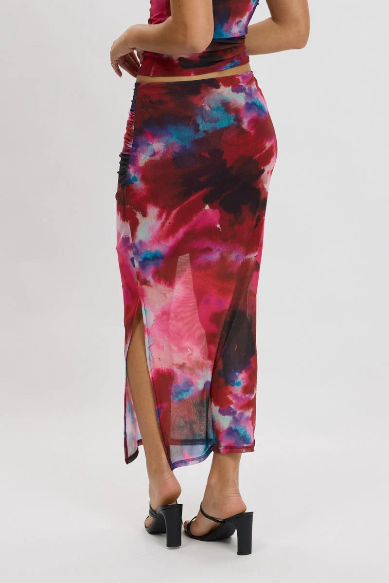 Multi Abstract Midaxi Skirt High Rise Ruched Lined Mesh - Image 5