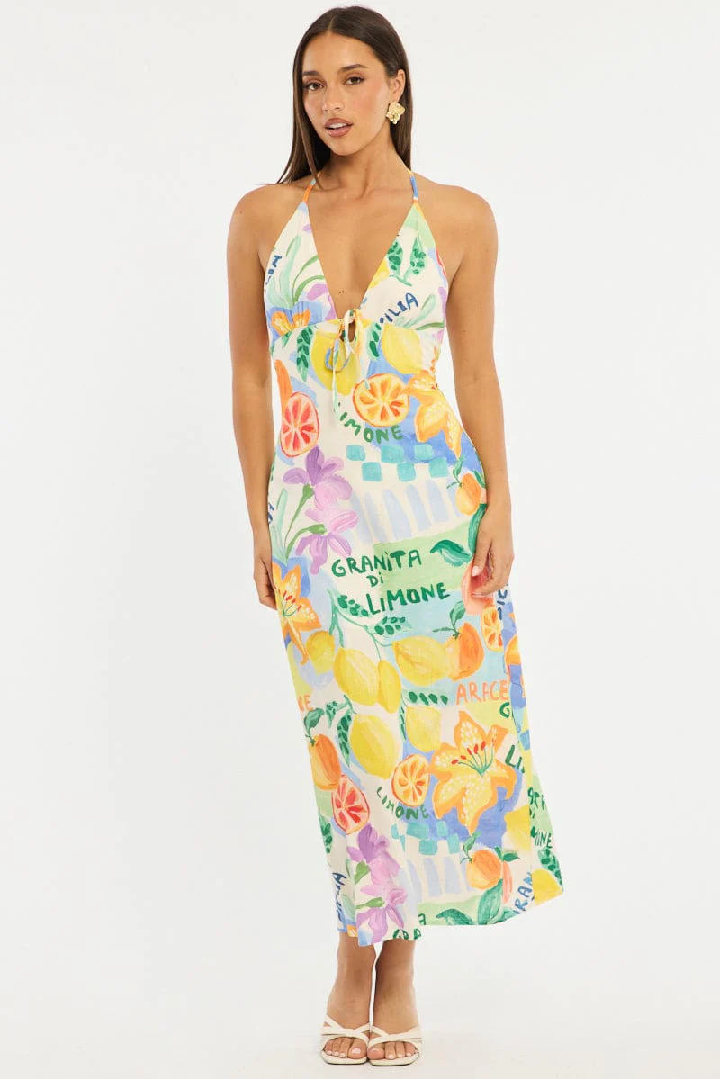 Multi Abstract Midi Dress Halter Neck - Image 2