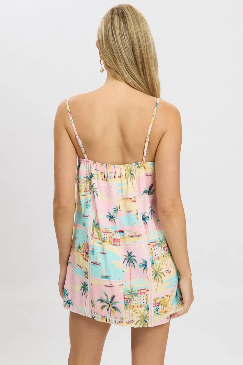 Multi Abstract Mini Dress Strappy Square Neck - Image 5