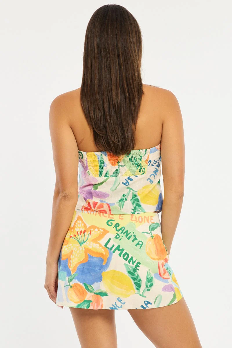 Multi Abstract Mini Skort Skirt Side Tie Shorts Lined Linen Blend - Image 5