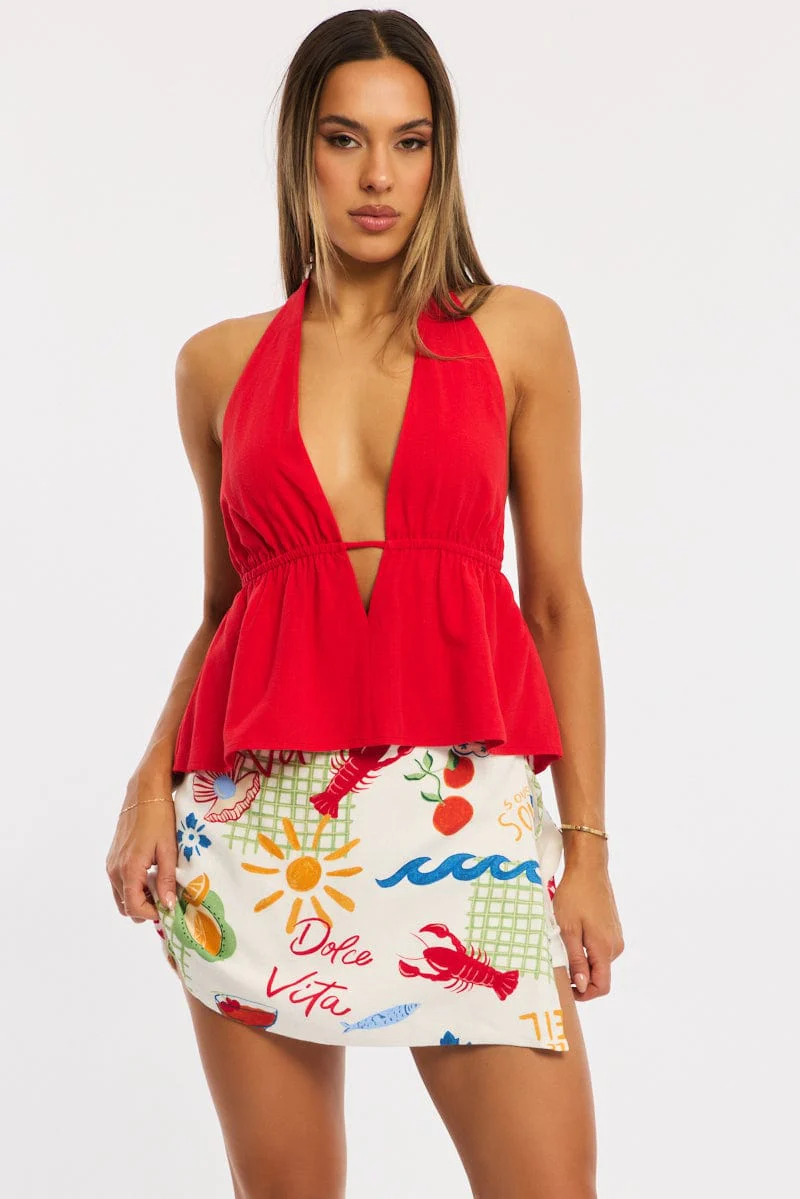 Multi Abstract Mini Skort Skirt Side Tie Shorts Lined Linen Blend