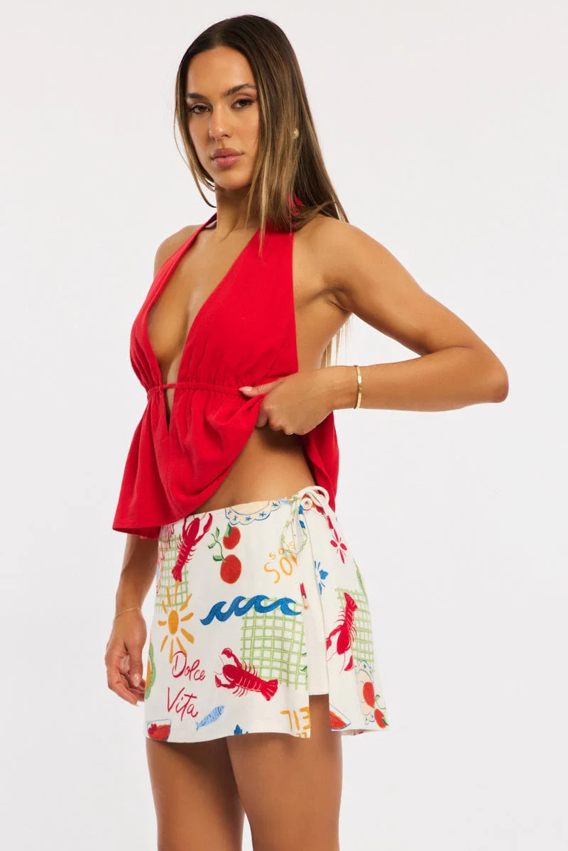 Multi Abstract Mini Skort Skirt Side Tie Shorts Lined Linen Blend - Image 3