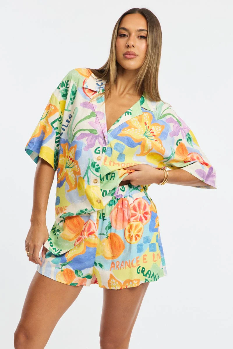 Multi Abstract Relaxed Shirt Short Sleeve Collared Linen Blend - Image 2