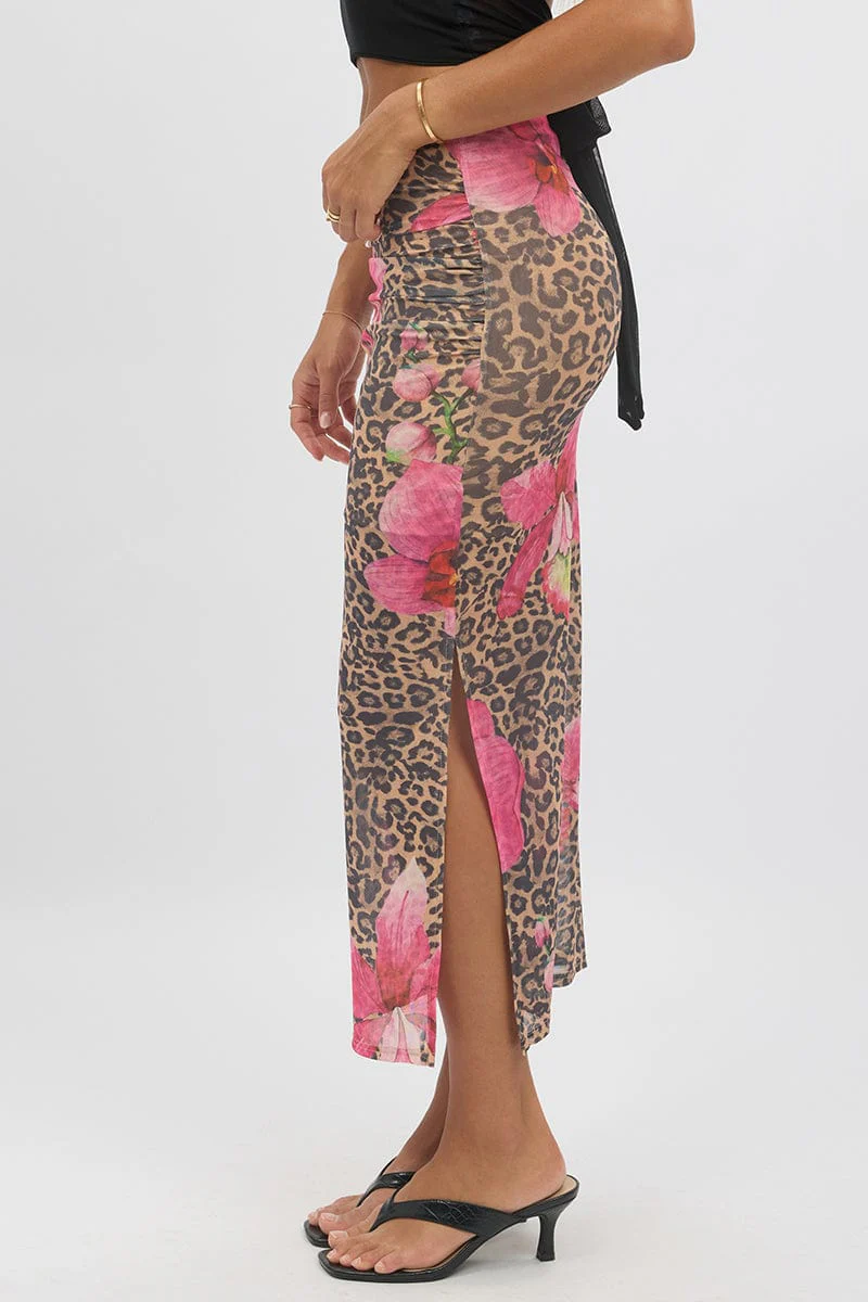 Multi Animal Print Midaxi Skirt High Rise Ruched Lined Mesh - Image 4