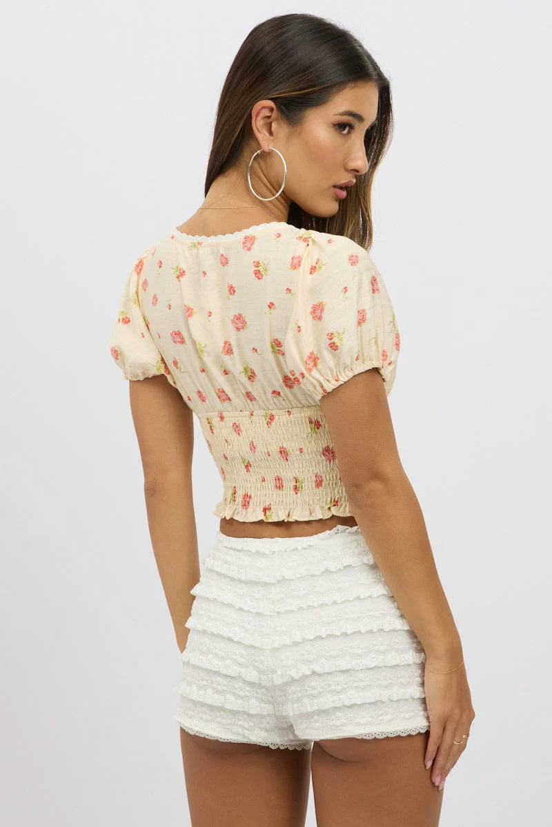 Multi Ditsy Square Neck Puff Sleeve Lace Trim Top - Image 5