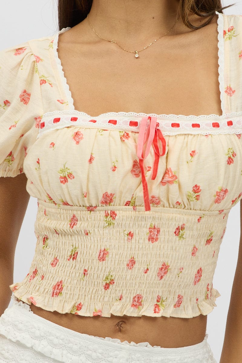 Multi Ditsy Square Neck Puff Sleeve Lace Trim Top - Image 6