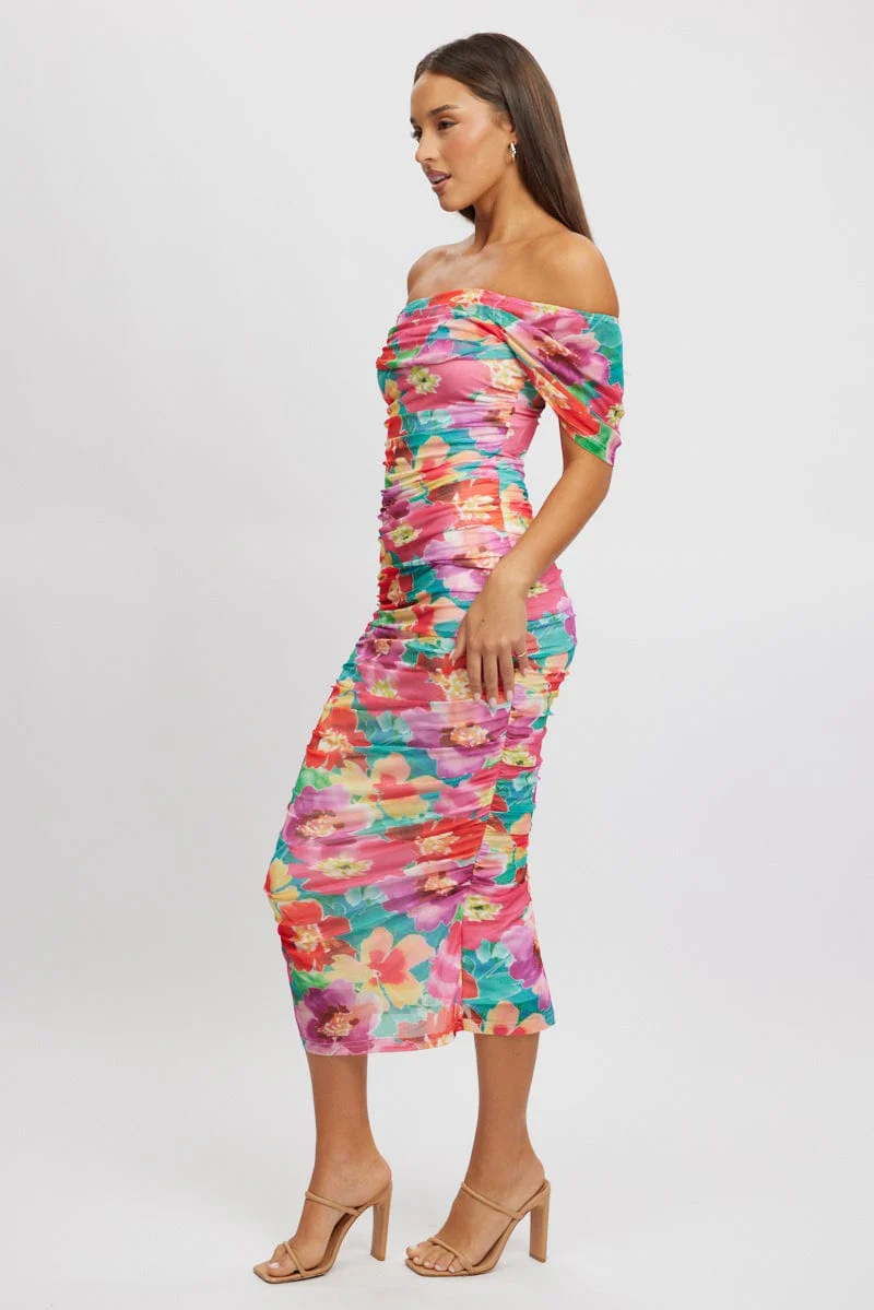 Multi Floral Bodycon Dress Mesh - Image 3