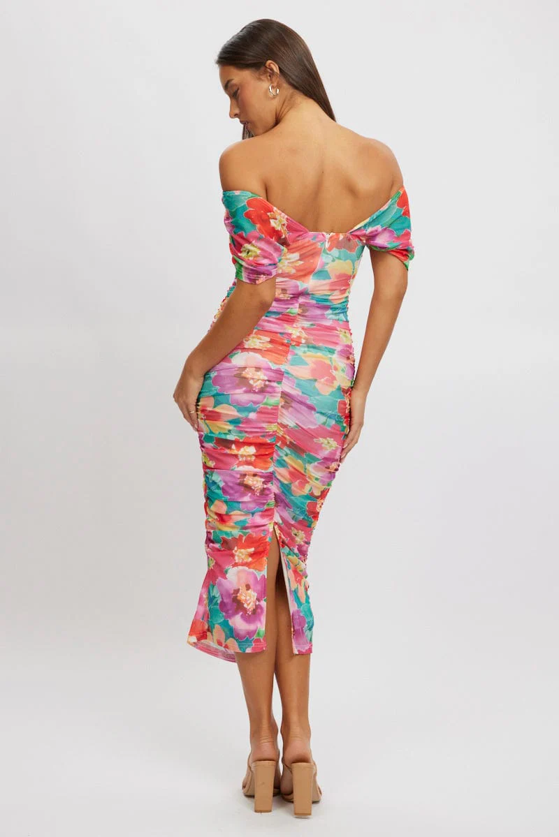 Multi Floral Bodycon Dress Mesh - Image 4